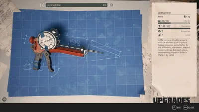 The tool upgrades screen, a jackhammer laid out on blueprint paper with sketched components