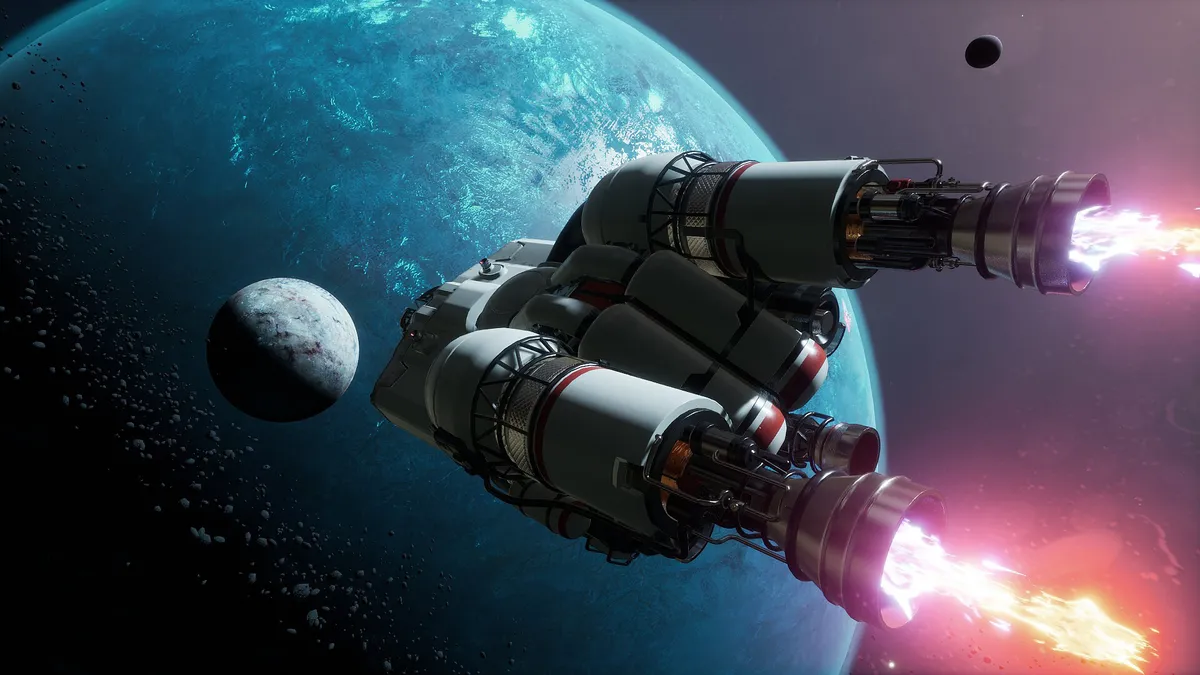 Ship engines burning against a huge teal planet — the flight out to the Industrial Debris Zone is a long, cold haul